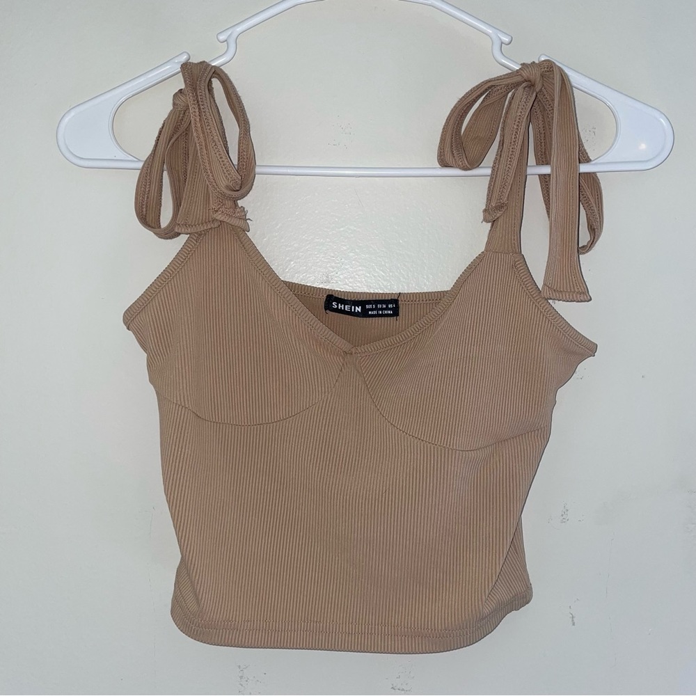 Stretchy SHEIN light brown tank top with bow tie straps- size small